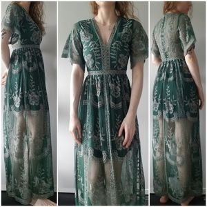 Wild Honey Embroidered Lace Maxi Dress in Hunter Green
